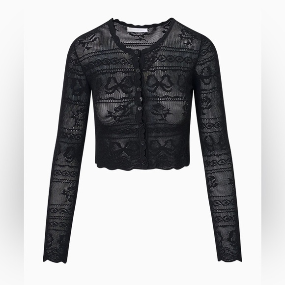 NWT Loveshackfancy Gretta Pointelle Knit Bow Cardigan Black | S - Picture 7 of 14